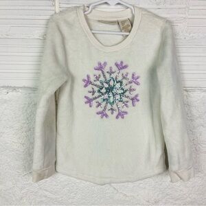 Cynthia Rowley White Fleece comfy purple sequins snowflake sweater size 5/6